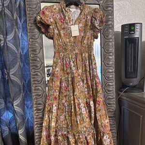 entro Floral Tiered Maxi Dress in Brown with Pink Accents